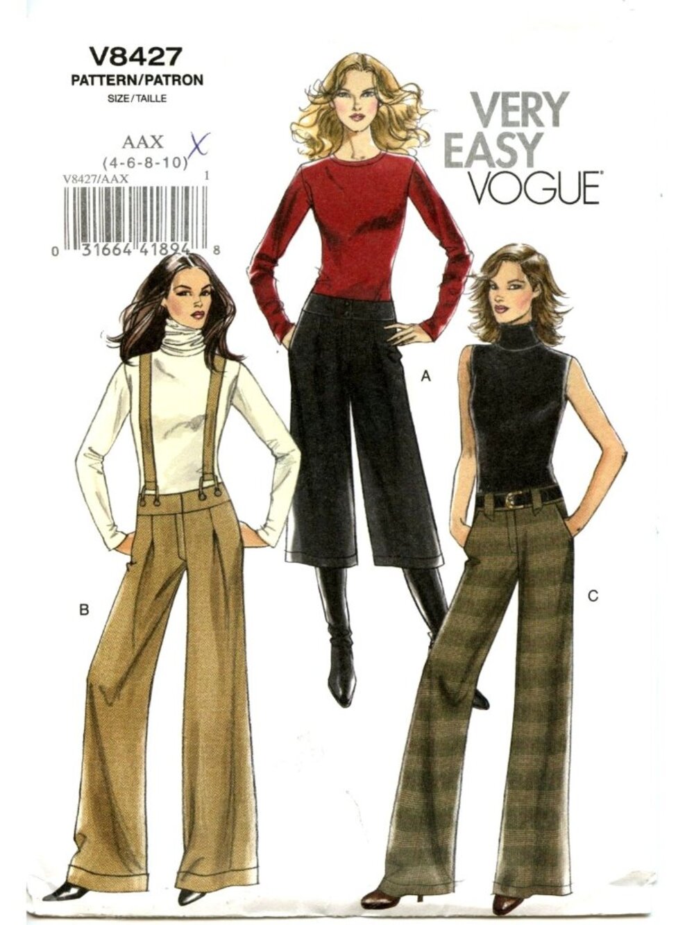 Very Easy Vogue V8427 Sewing Pattern For Misses Gaucho Pants & Wide-Leg Trousers